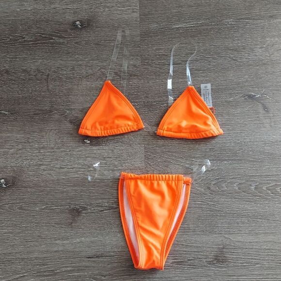 NEW Fashion Nova Clear Skies 2 Piece PVC Strap Bikini  - Neon Orange - XS - Picture 2 of 4